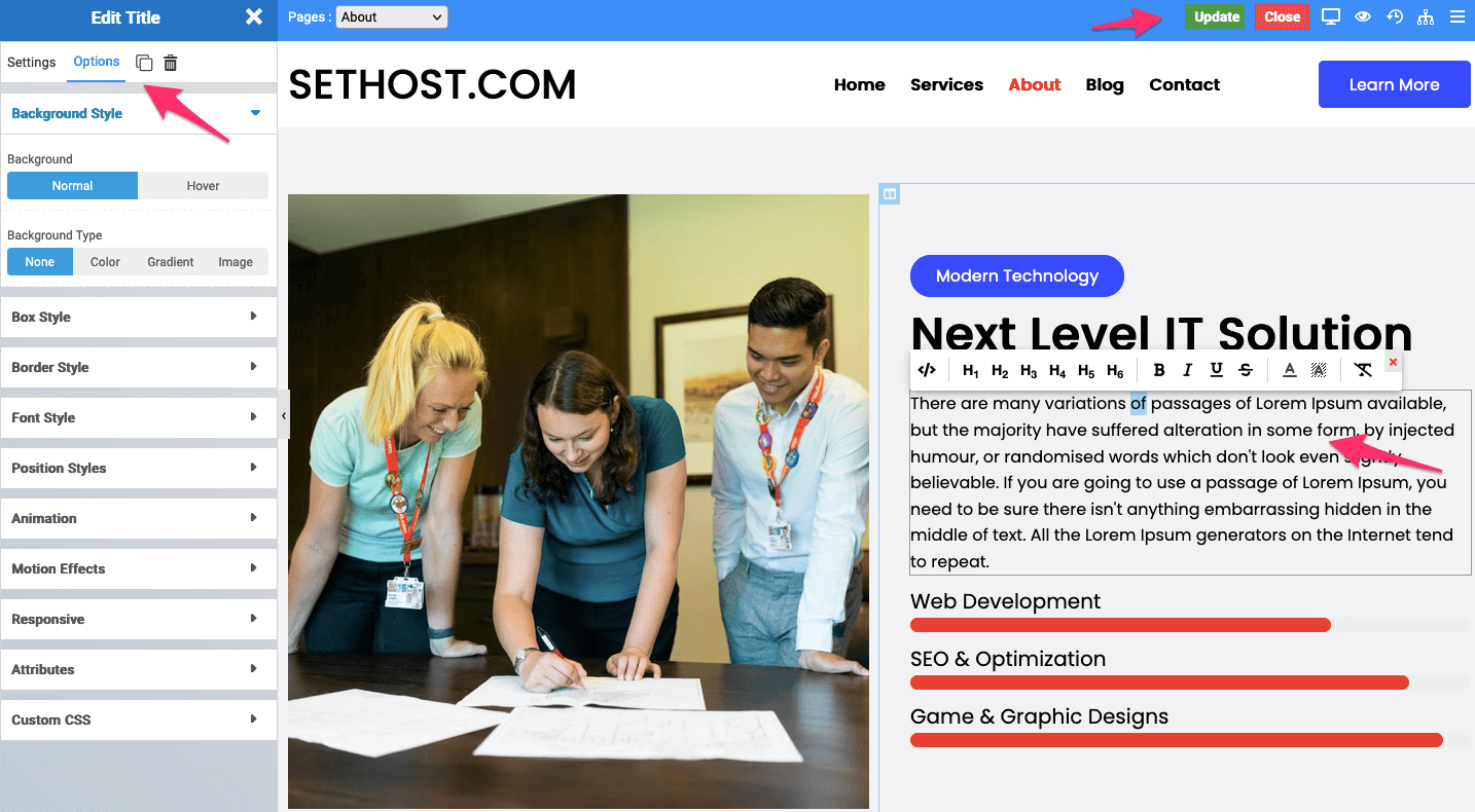 Edit Page Settings in SitePad